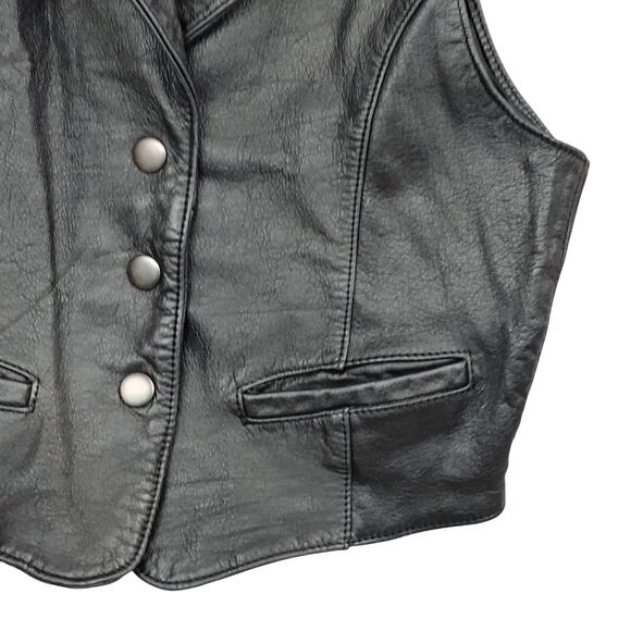 Vintage 90s She Said Leather Vest Size XS Black Fabric Back Snap Buttons Pockets - Picture 4 of 9